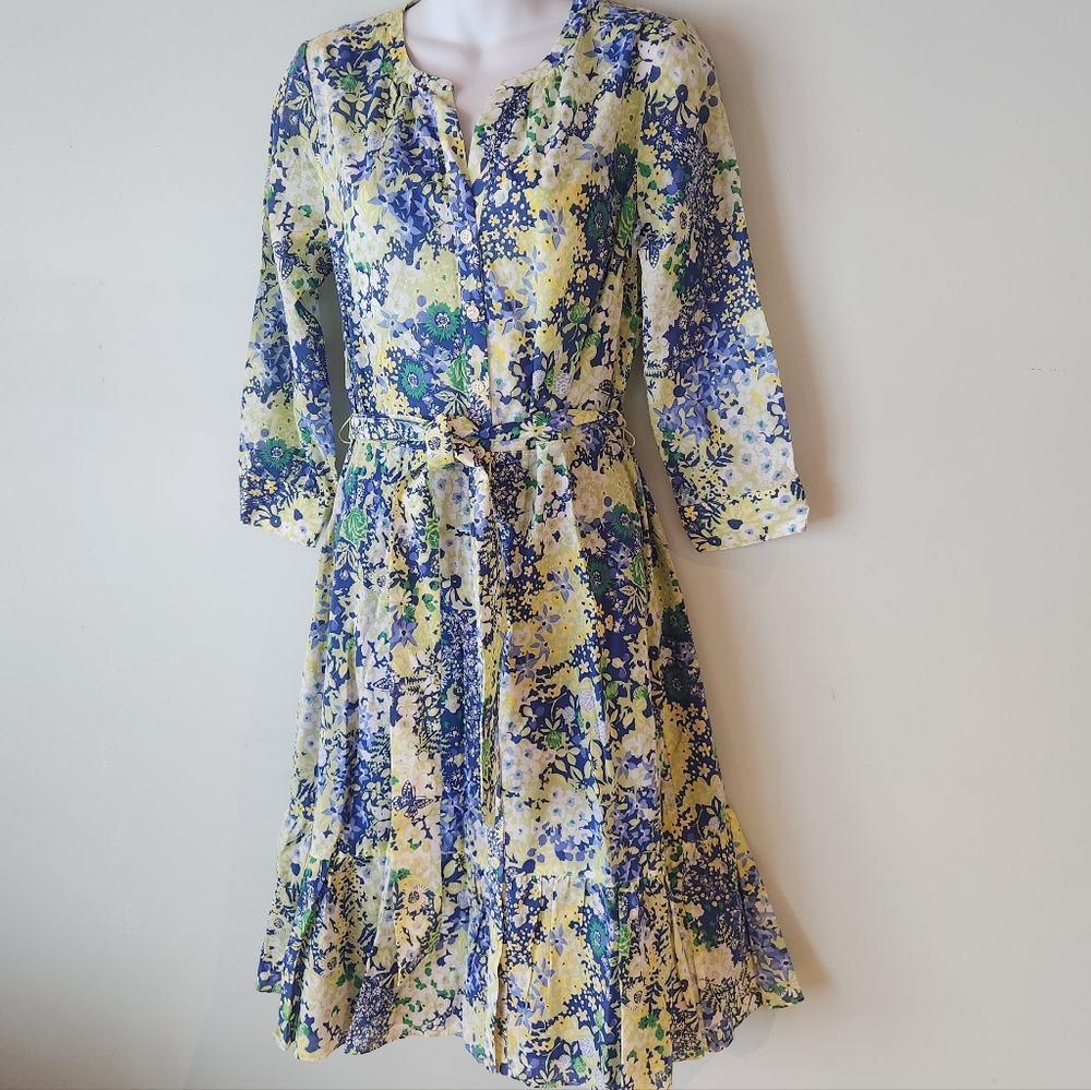 Floral Blue and Yellow Midi Dress with Tie Waist - Picture 2 of 10